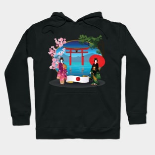 Geishas with Flag of Japan and Sakura Hoodie